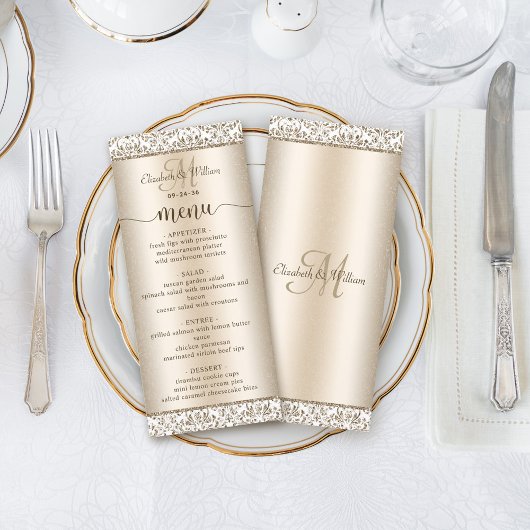 Elegantes Champagne Damask Wedding Menu Menükarte