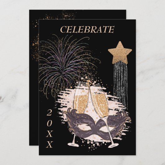 Elegantes Champagnerglas und Maske Neujähriges Par Einladung (Vorne/Hinten)