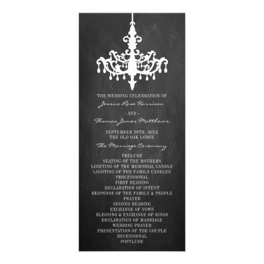 Elegantes Chandelier Chalkboard Hochzeitsprogramm Werbekarte (Vorne)