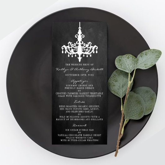 Elegantes Chandelier Chalkboard Wedding Menu Werbekarte