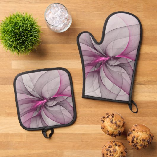 Elegantes Chaos Modernes Abstraktes Rosa Fraktal K Ofenhandschuh & Topflappen-Set (Oben Unten)