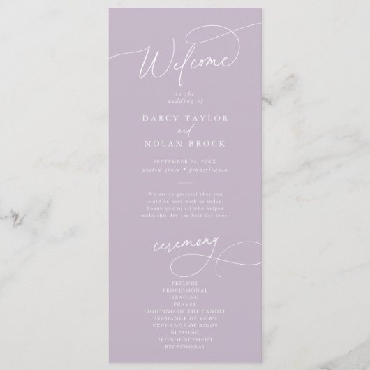 Elegantes Charm Flat Lavender Lila Hochzeitsprogra Programm (Vorderseite)