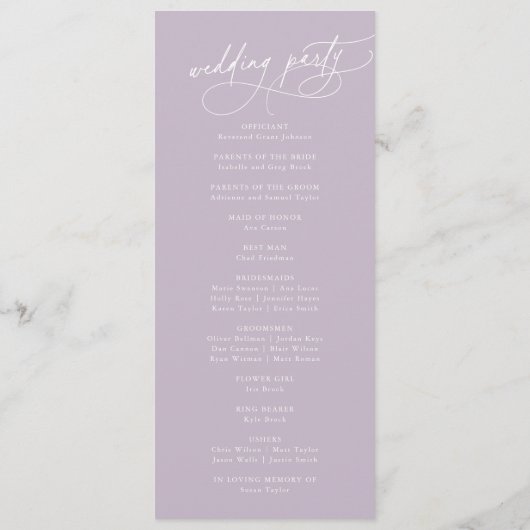 Elegantes Charm Flat Lavender Lila Hochzeitsprogra Programm (Rückseite)