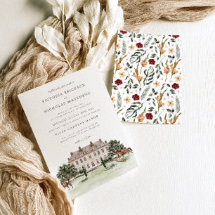Elegantes Chateau Aquarell Englische Manor-Hochz Einladung