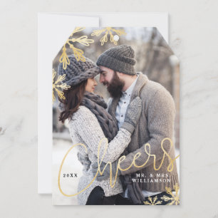 Elegantes Cheers Gold Snowflake Newlyweds Foto Feiertagskarte