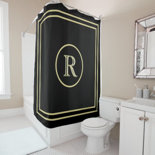 Elegantes Chic Black and Gold Custom Monogram Duschvorhang (Beispiel)