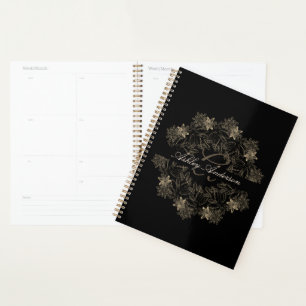 Elegantes Chic Black and Gold Floral Script Monogr Planer