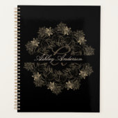 Elegantes Chic Black and Gold Floral Script Monogr Planer (Vorderseite)