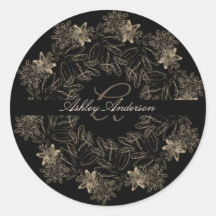 Elegantes Chic Black and Gold Floral Script Monogr Runder Aufkleber