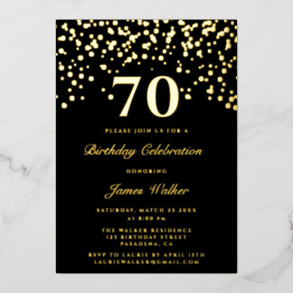 Elegantes Chic Black and Gold Script 70. Geburtsta Folieneinladung