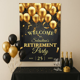 Elegantes Chic Black Gold Balloons Retirement Part Banner