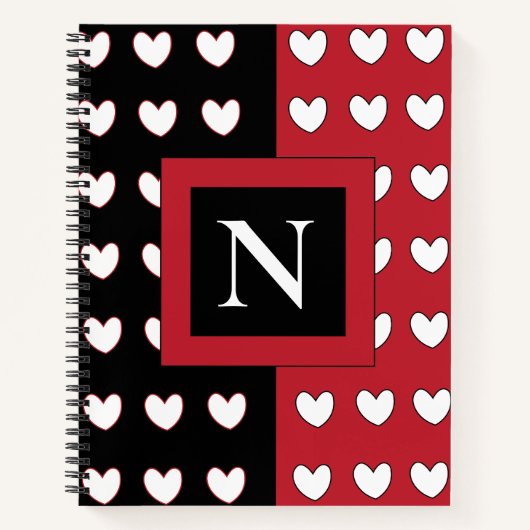 Elegantes Chic Black Red White Hearts Monogramm Notizblock (Vorderseite)