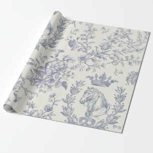 Elegantes Chic Blau Beige Reitsport Floral Toile Geschenkpapier