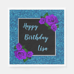 Elegantes Chic Blau Glitter Lila Rosen Geburtstag Serviette