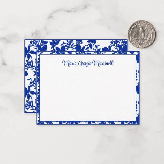 Elegantes Chic Blue Floral Muster Custom Mitteilungskarte (Vorderseite/Rückseite Beispiel)