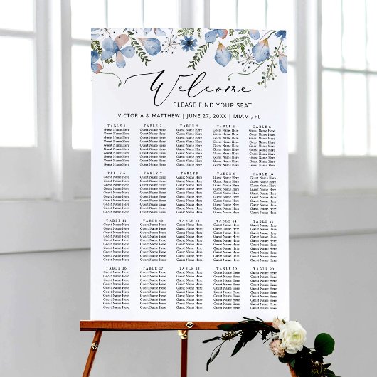 Elegantes Chic Blue Floral Wedding Chart Poster