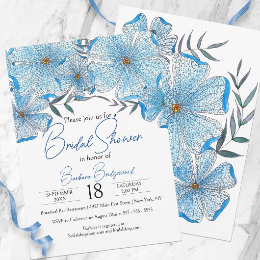 Elegantes Chic Blue Watercolor Blume Brautparty Einladung