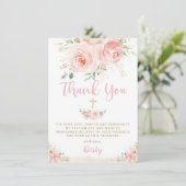 Elegantes Chic Blush Pink Floral Gold Taufe Foto Dankeskarte (Stehend Vorderseite)