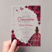 Elegantes Chic Burgunder-Rosen Silber Quinceanera  Acryleinladungen (Insitu (Handheld))