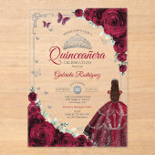 Elegantes Chic Burgunder-Rosen Silber Quinceanera  Acryleinladungen (Vorderseite)