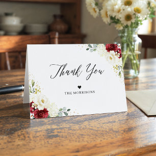 Elegantes Chic Burgunderrot Weiß Florales Hochzeit Dankeskarte