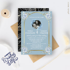Elegantes Chic Dusty Blue Gold Custom Foto Wedding Einladung