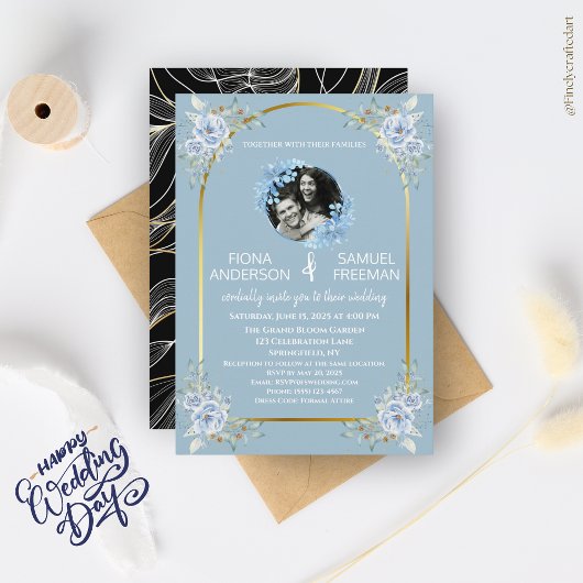 Elegantes Chic Dusty Blue Gold Custom Foto Wedding Einladung