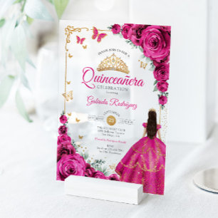 Elegantes Chic Fuchsia-Rosa Rosen Gold Quinceanera Acryleinladungen