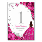 Elegantes Chic Fuchsienrosa Rosen Silber Quinceane Tischnummer (Rückseite)