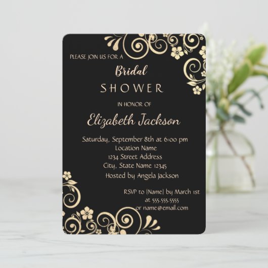 Elegantes Chic Gold Blume Brautparty Einladung (Stehend Vorderseite)