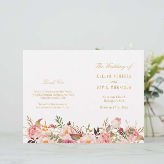 Elegantes Chic Gold Floral Folded Wedding Programm (Stehend Vorderseite)
