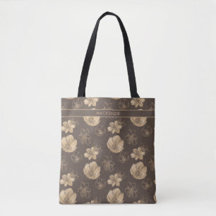Elegantes Chic Gold Foil Blumenmuster Monogramm Tasche