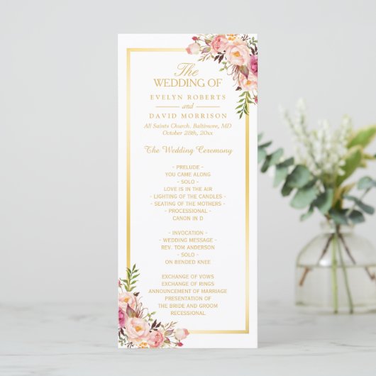 Elegantes Chic Gold Frame Floral Wedding Programm (Stehend Vorderseite)