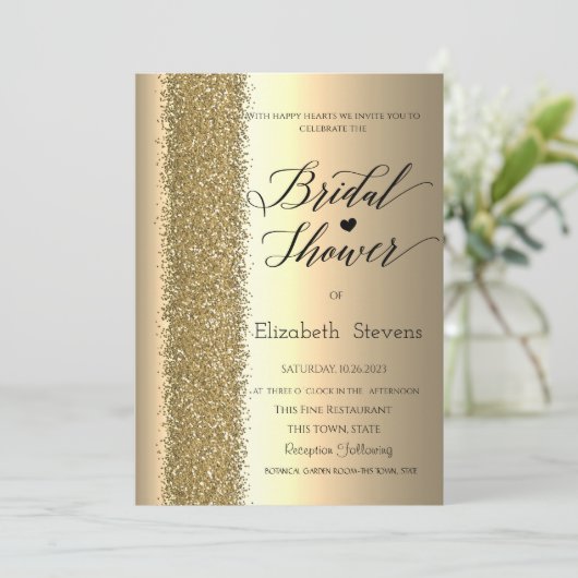 Elegantes Chic Gold Glitzer Script Brautparty Einladung (Stehend Vorderseite)