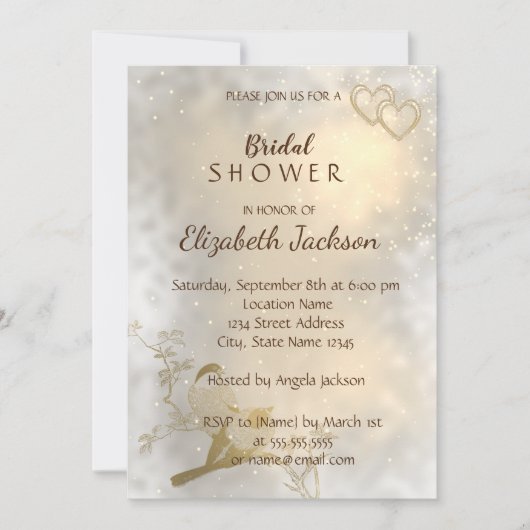 Elegantes Chic Gold Hearts, Birds Brautparty Einladung (Vorderseite)
