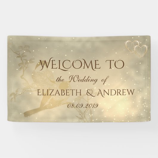 Elegantes Chic Gold Hearts, Birds Wedding Banner (Horizontal)