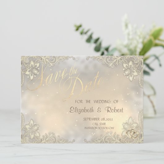 Elegantes Chic Gold Hearts, Spitzen-Rahmen Save th Save The Date (Stehend Vorderseite)