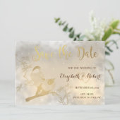 Elegantes Chic Gold Hearts, Vögel Save the Date (Stehend Vorderseite)
