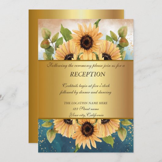 Elegantes Chic Gold, Sonnenblumen Hochzeitsempfang Einladung (Vorne/Hinten)