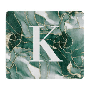 Elegantes Chic Green Gold Marmor Agate Monogram   Schneidebrett