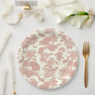 Elegantes Chic Korallenrosa Toile Hirsch Waldlands Pappteller