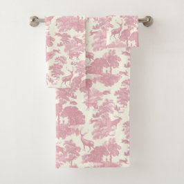 Elegantes Chic Light Pink Toile Deer Woodland Badhandtuch Set