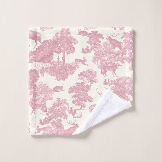 Elegantes Chic Light Pink Toile Deer Woodland Badhandtuch Set (Waschlappen)