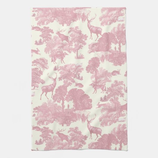 Elegantes Chic Light Pink Toile Deer Woodland Geschirrtuch (Vertikal)