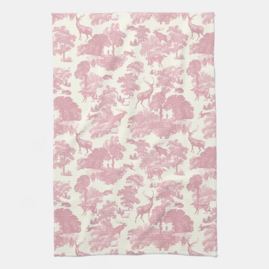 Elegantes Chic Light Pink Toile Deer Woodland Geschirrtuch (Vertikal)