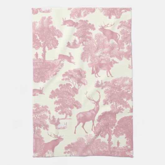 Elegantes Chic Light Pink Toile Deer Woodland Geschirrtuch (Vertikal)