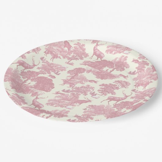 Elegantes Chic Light Pink Toile Deer Woodland Pappteller (Schrägansicht)