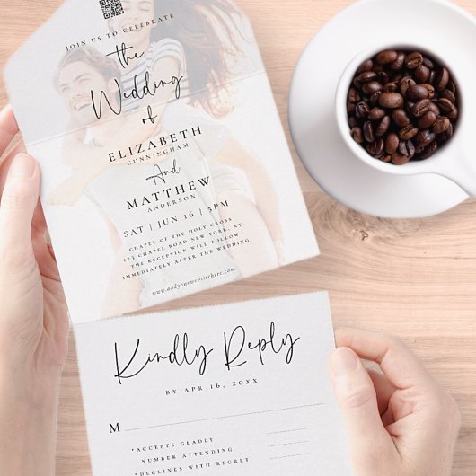 Elegantes Chic Modern Simple QR Foto Wedding All In One Einladung