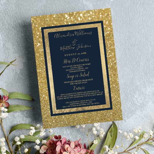 Elegantes Chic Navy Blue Gold Glitzer Wedding Menu Menükarte
