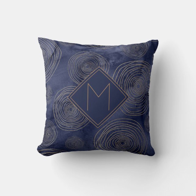Elegantes Chic Navy Blue Gold Watercolor Monogram Kissen (Vorderseite)